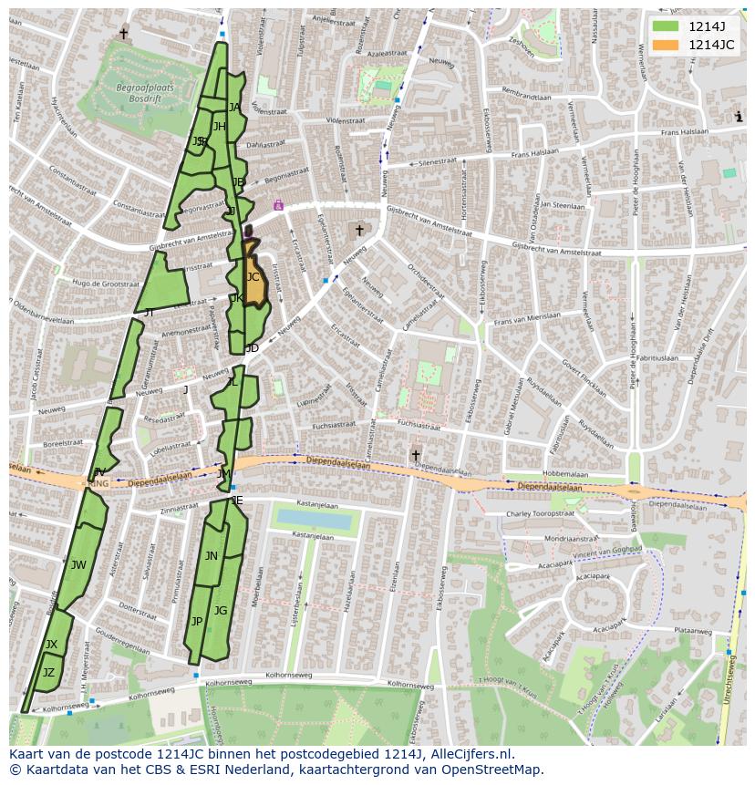 Afbeelding van het postcodegebied 1214 JC op de kaart.