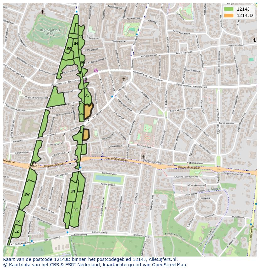 Afbeelding van het postcodegebied 1214 JD op de kaart.
