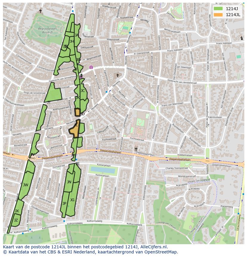 Afbeelding van het postcodegebied 1214 JL op de kaart.