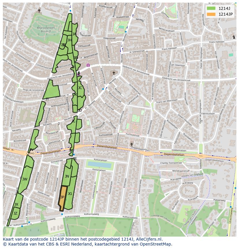 Afbeelding van het postcodegebied 1214 JP op de kaart.