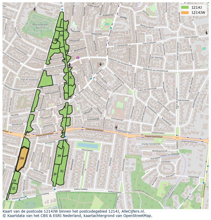 Afbeelding van het postcodegebied 1214 JW op de kaart.