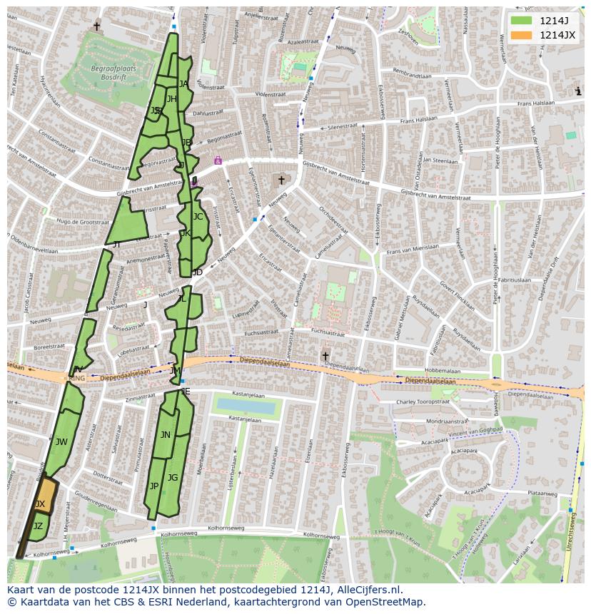 Afbeelding van het postcodegebied 1214 JX op de kaart.