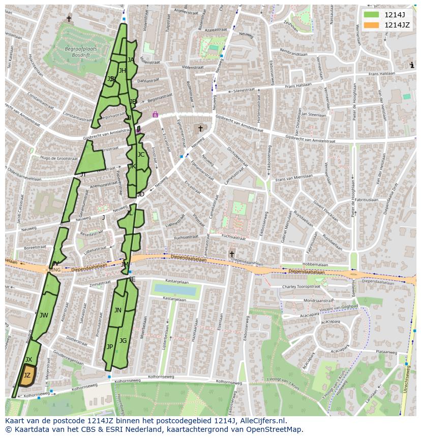 Afbeelding van het postcodegebied 1214 JZ op de kaart.