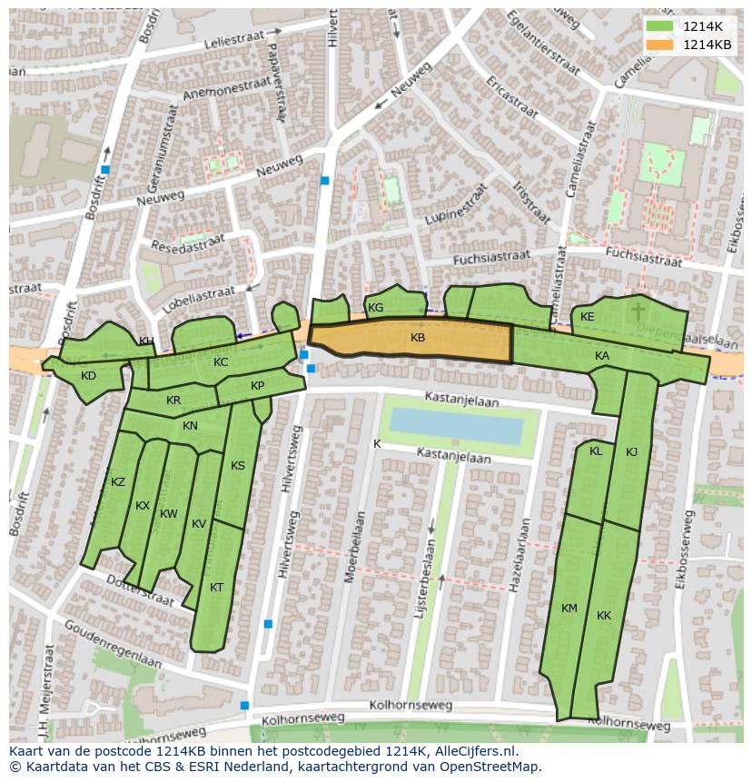 Afbeelding van het postcodegebied 1214 KB op de kaart.