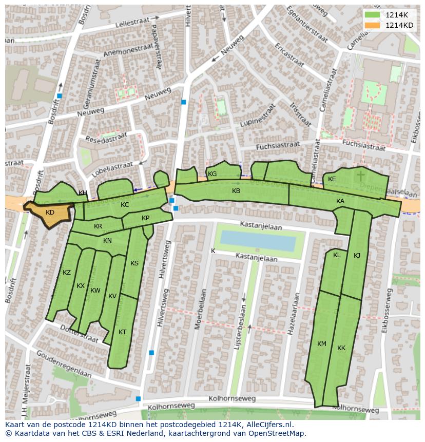 Afbeelding van het postcodegebied 1214 KD op de kaart.