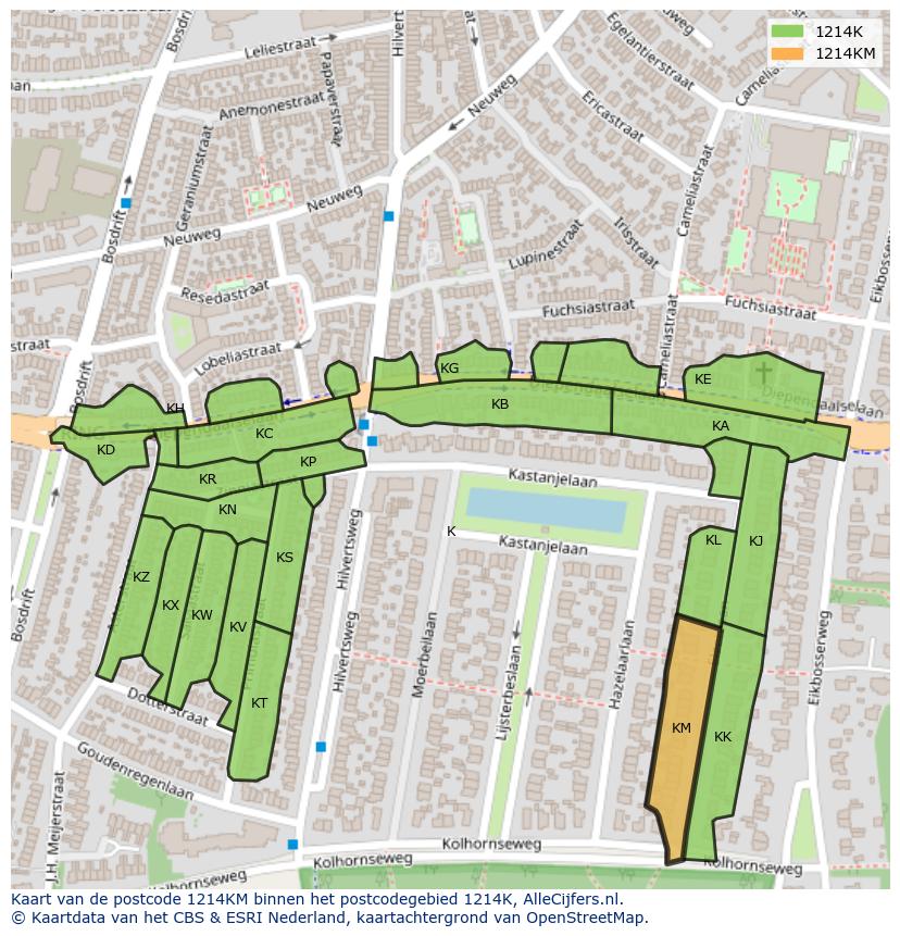 Afbeelding van het postcodegebied 1214 KM op de kaart.