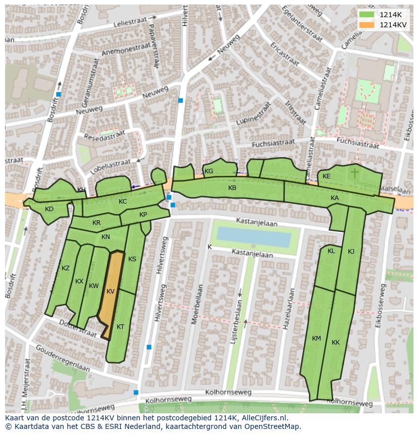 Afbeelding van het postcodegebied 1214 KV op de kaart.