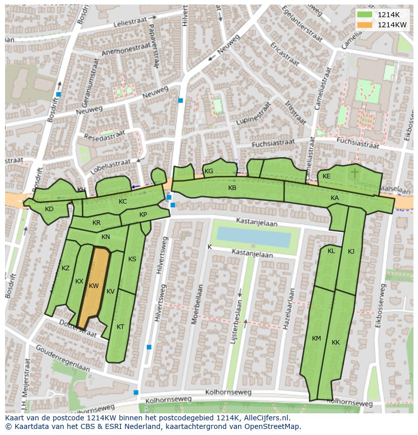 Afbeelding van het postcodegebied 1214 KW op de kaart.