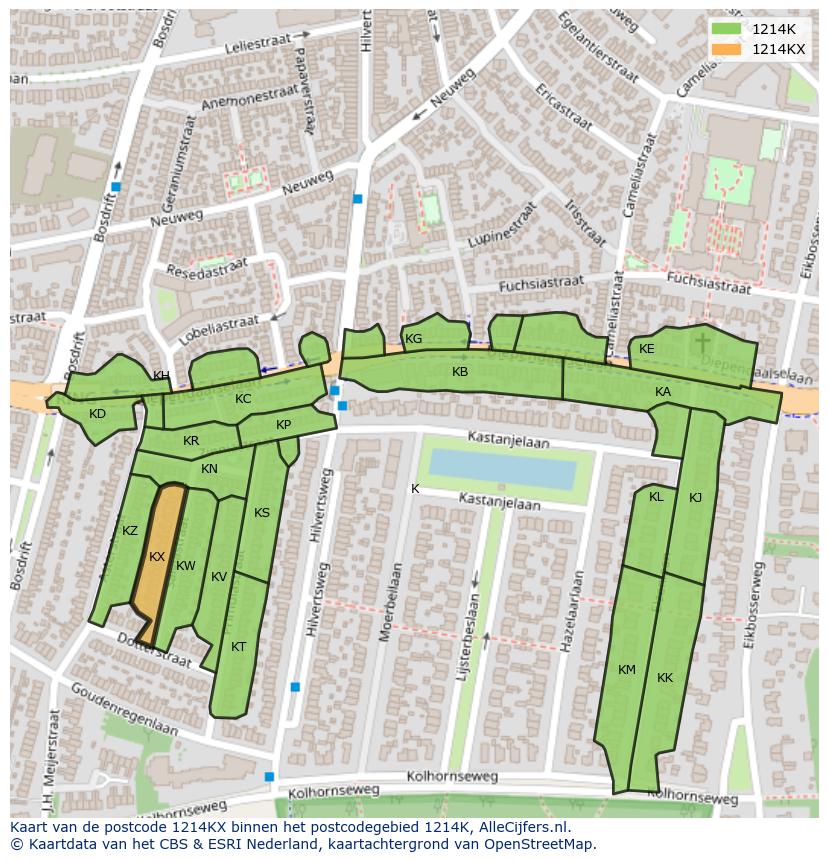 Afbeelding van het postcodegebied 1214 KX op de kaart.