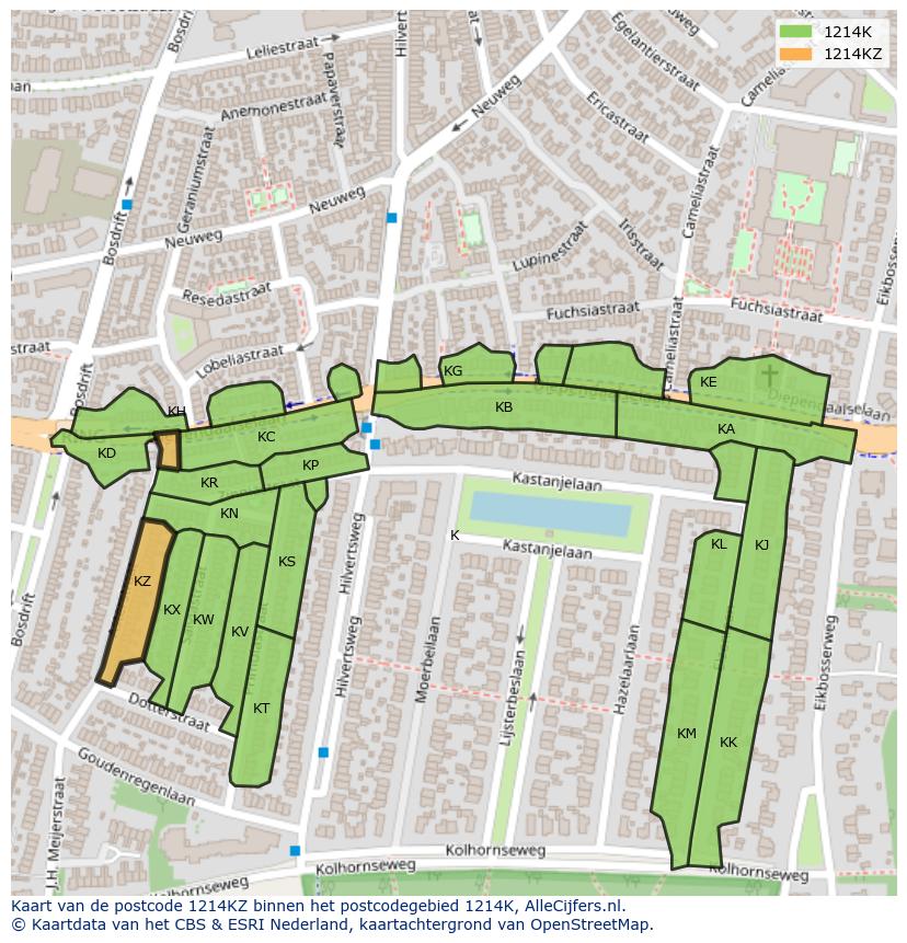 Afbeelding van het postcodegebied 1214 KZ op de kaart.