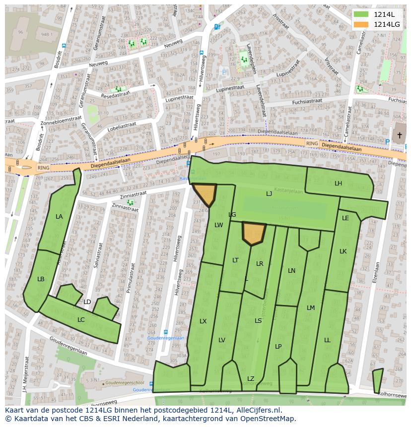 Afbeelding van het postcodegebied 1214 LG op de kaart.