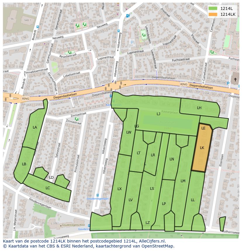 Afbeelding van het postcodegebied 1214 LK op de kaart.
