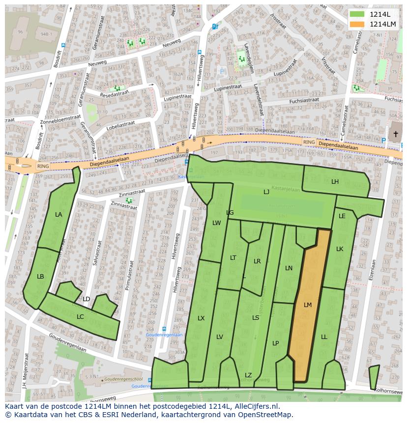 Afbeelding van het postcodegebied 1214 LM op de kaart.