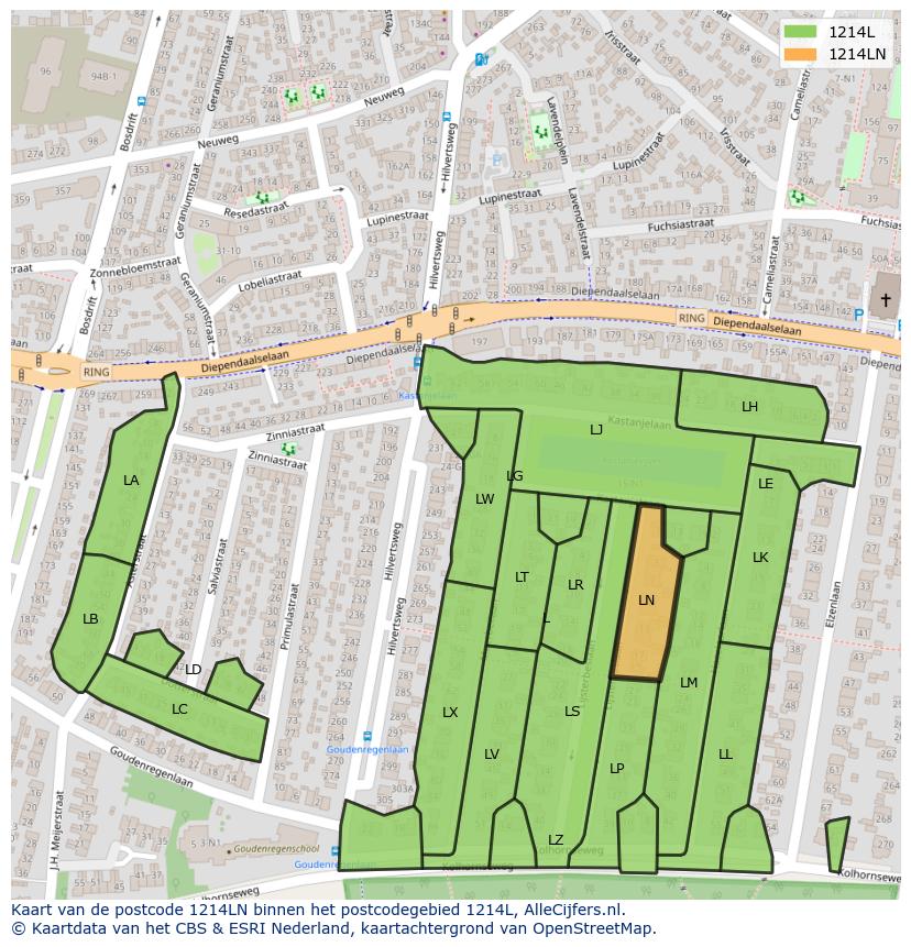 Afbeelding van het postcodegebied 1214 LN op de kaart.
