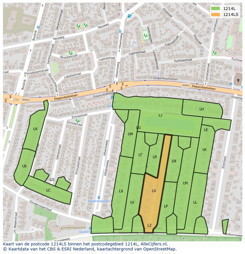 Afbeelding van het postcodegebied 1214 LS op de kaart.