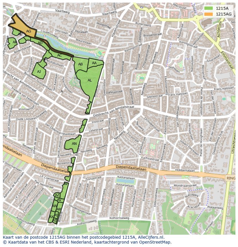 Afbeelding van het postcodegebied 1215 AG op de kaart.