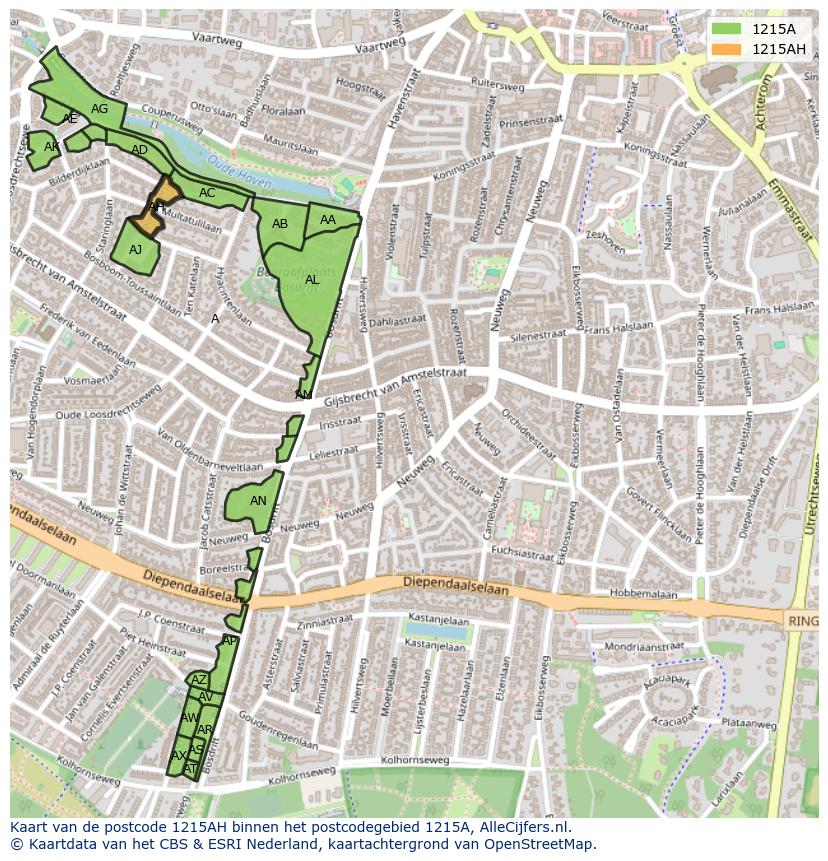 Afbeelding van het postcodegebied 1215 AH op de kaart.