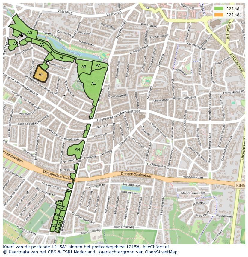 Afbeelding van het postcodegebied 1215 AJ op de kaart.