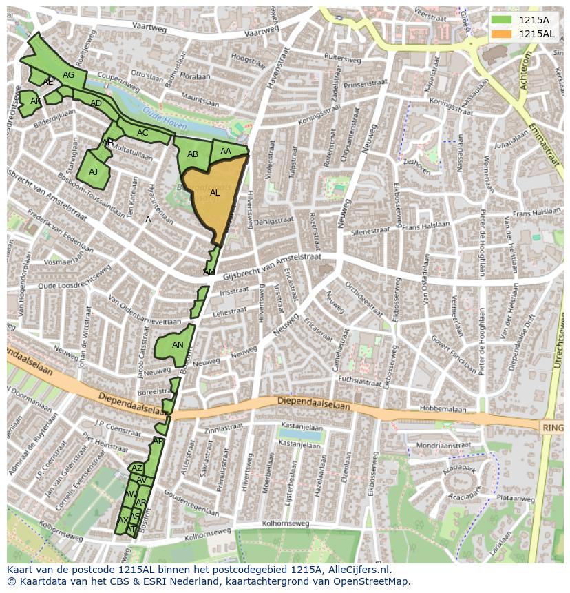 Afbeelding van het postcodegebied 1215 AL op de kaart.