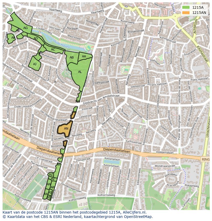 Afbeelding van het postcodegebied 1215 AN op de kaart.