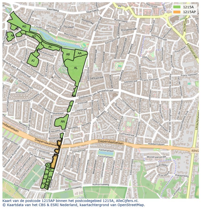 Afbeelding van het postcodegebied 1215 AP op de kaart.