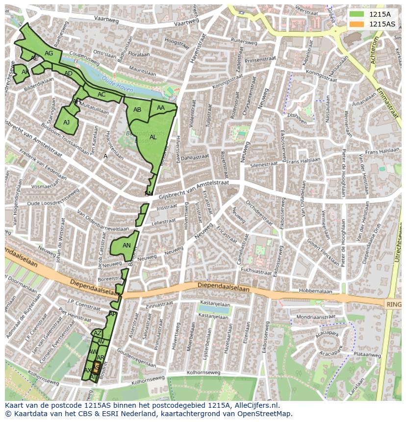 Afbeelding van het postcodegebied 1215 AS op de kaart.