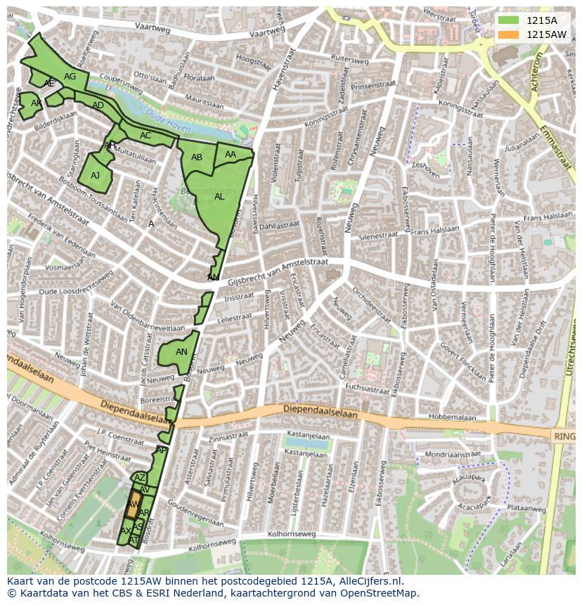 Afbeelding van het postcodegebied 1215 AW op de kaart.