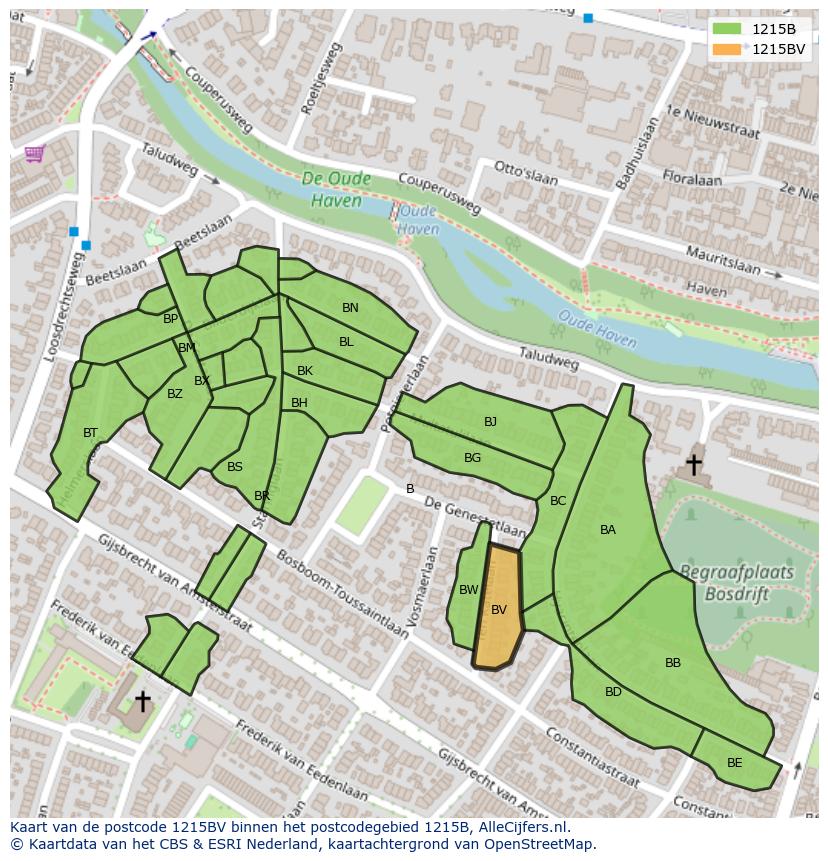 Afbeelding van het postcodegebied 1215 BV op de kaart.
