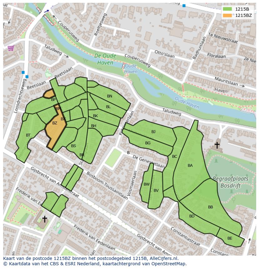 Afbeelding van het postcodegebied 1215 BZ op de kaart.