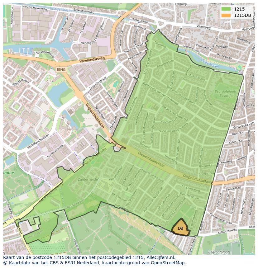 Afbeelding van het postcodegebied 1215 DB op de kaart.