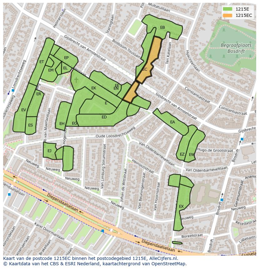 Afbeelding van het postcodegebied 1215 EC op de kaart.