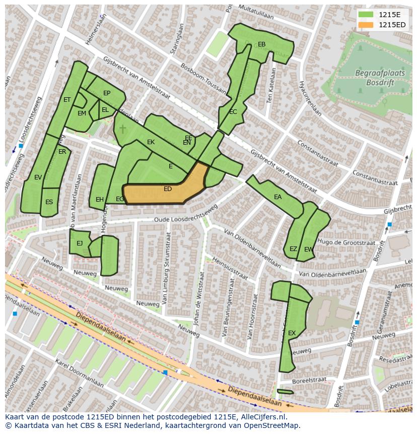 Afbeelding van het postcodegebied 1215 ED op de kaart.