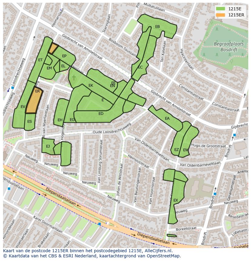 Afbeelding van het postcodegebied 1215 ER op de kaart.