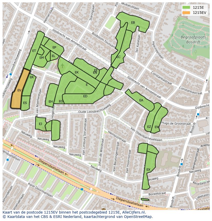 Afbeelding van het postcodegebied 1215 EV op de kaart.