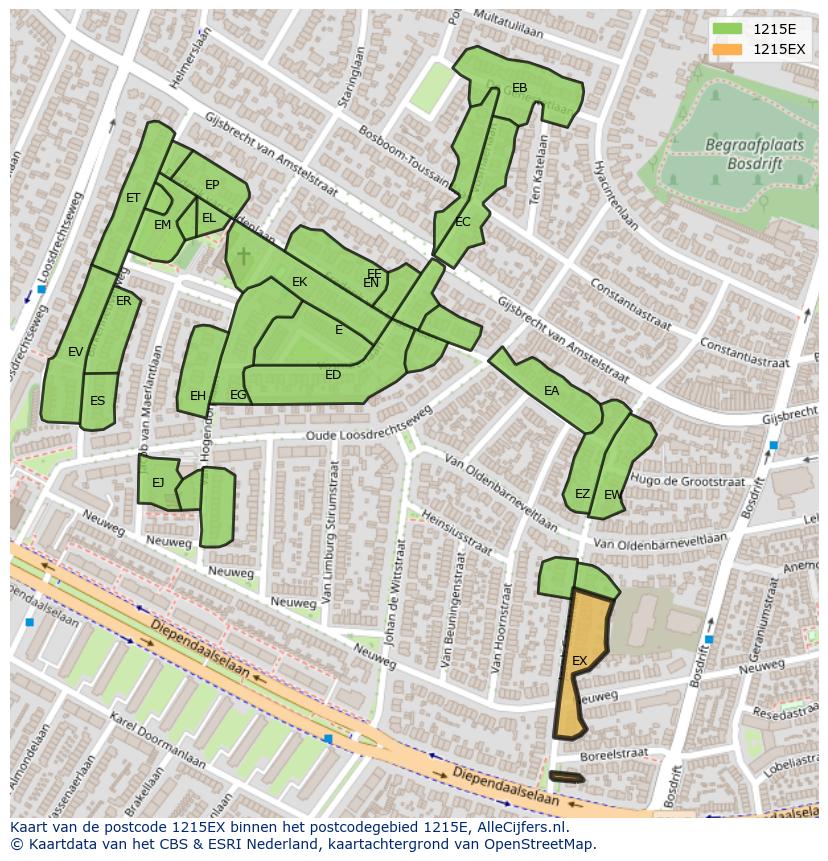 Afbeelding van het postcodegebied 1215 EX op de kaart.