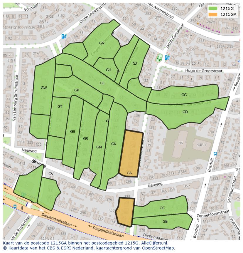 Afbeelding van het postcodegebied 1215 GA op de kaart.
