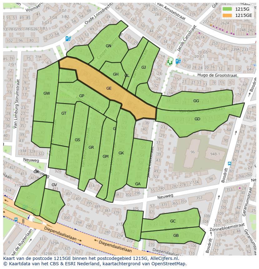 Afbeelding van het postcodegebied 1215 GE op de kaart.