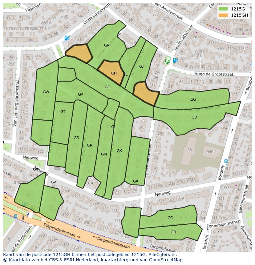 Afbeelding van het postcodegebied 1215 GH op de kaart.