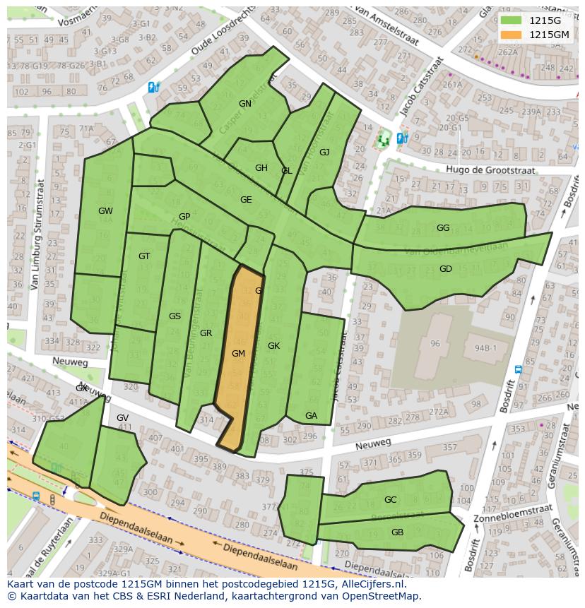Afbeelding van het postcodegebied 1215 GM op de kaart.