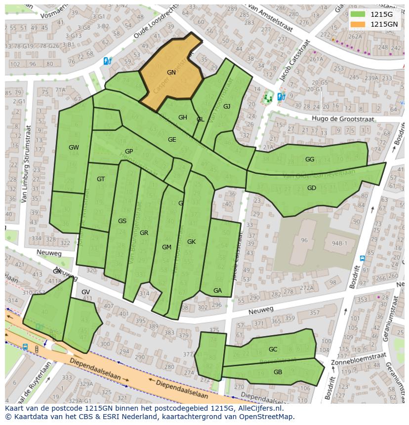 Afbeelding van het postcodegebied 1215 GN op de kaart.