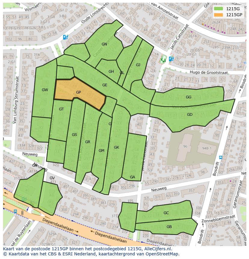 Afbeelding van het postcodegebied 1215 GP op de kaart.