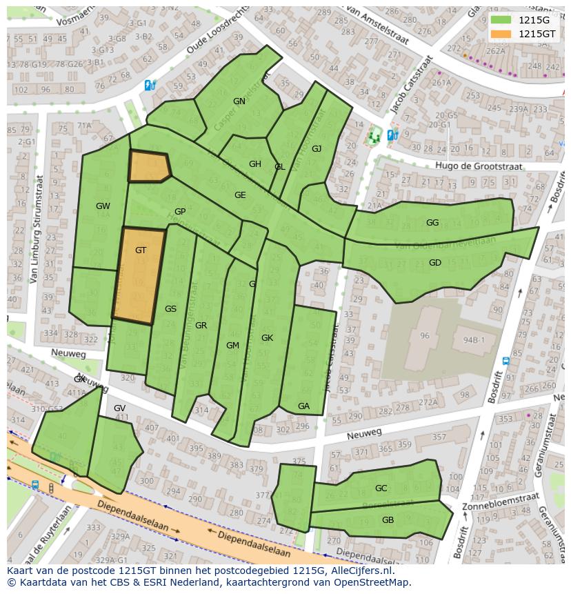 Afbeelding van het postcodegebied 1215 GT op de kaart.