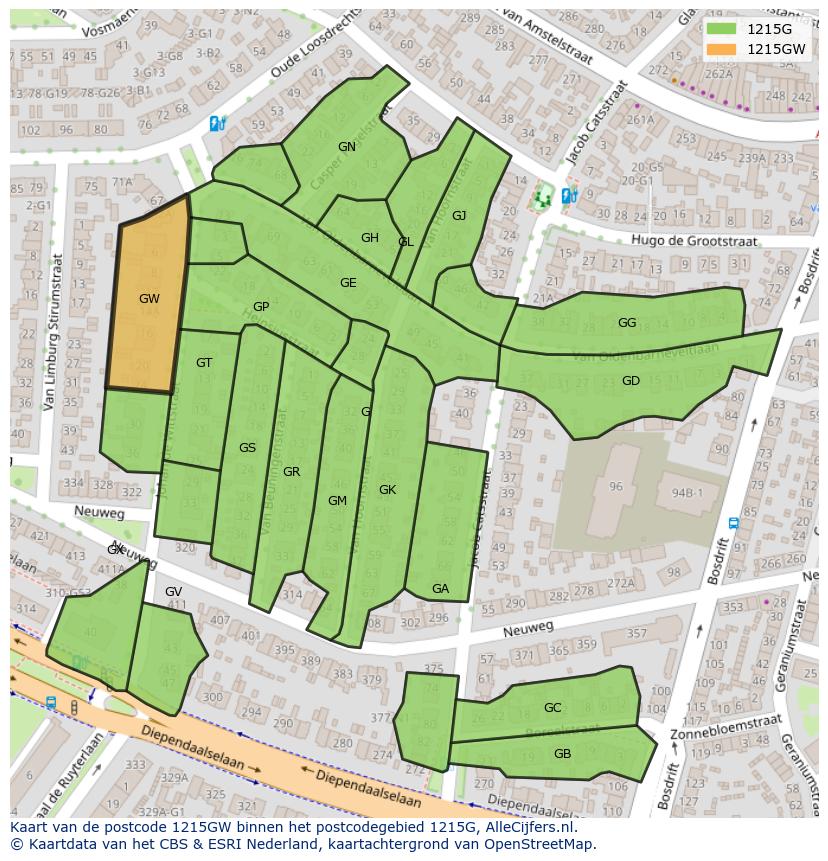 Afbeelding van het postcodegebied 1215 GW op de kaart.
