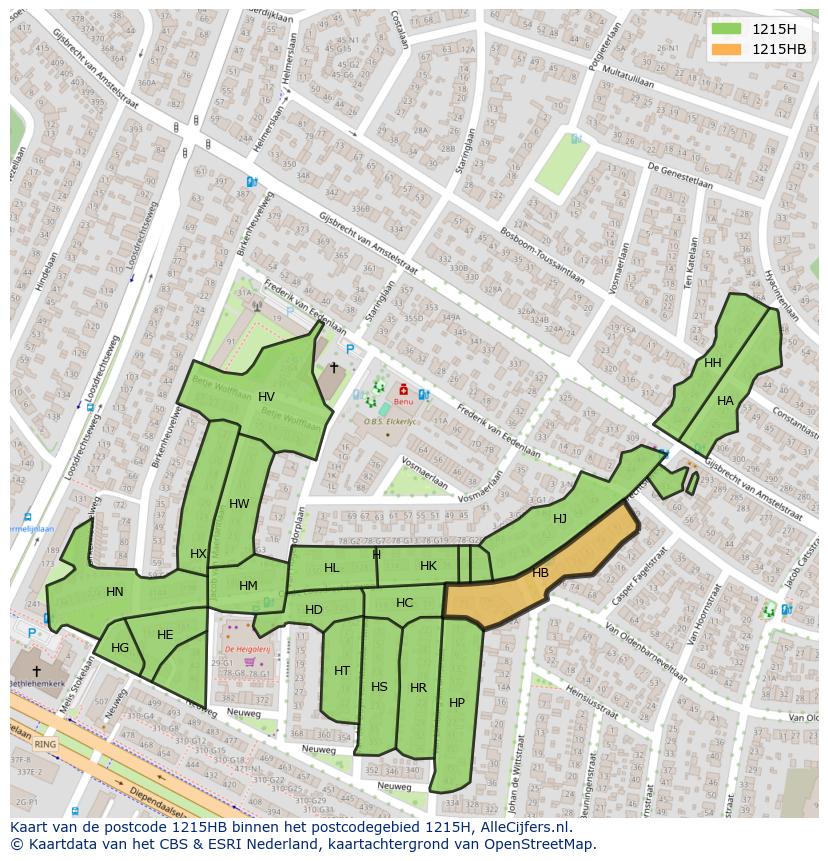 Afbeelding van het postcodegebied 1215 HB op de kaart.
