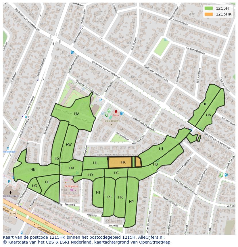 Afbeelding van het postcodegebied 1215 HK op de kaart.