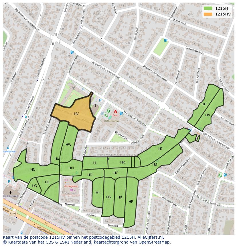 Afbeelding van het postcodegebied 1215 HV op de kaart.