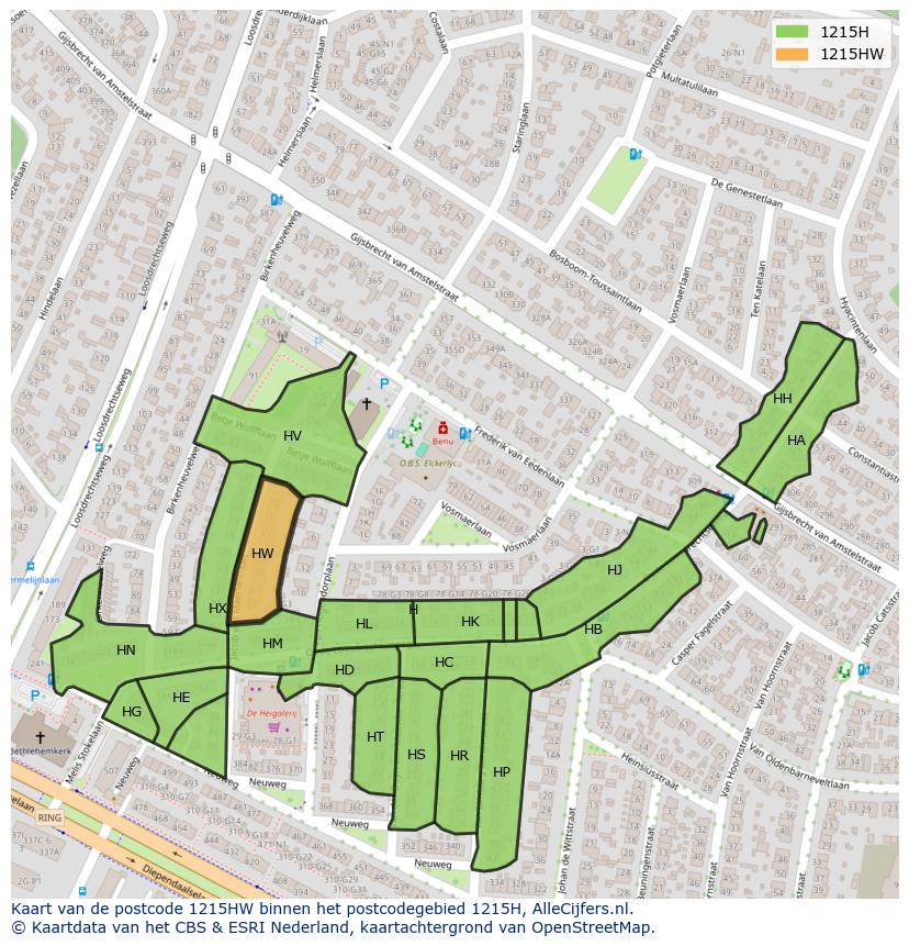 Afbeelding van het postcodegebied 1215 HW op de kaart.