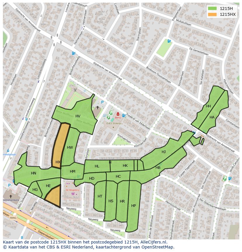 Afbeelding van het postcodegebied 1215 HX op de kaart.