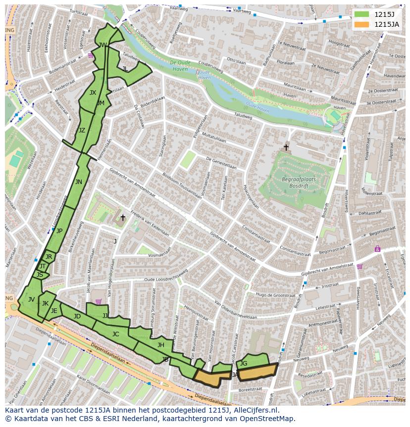 Afbeelding van het postcodegebied 1215 JA op de kaart.