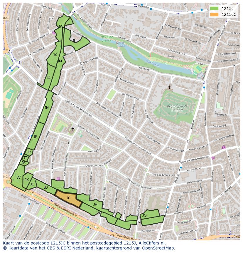 Afbeelding van het postcodegebied 1215 JC op de kaart.